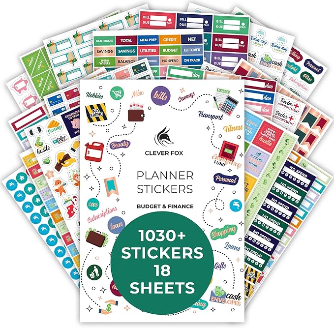 Budget Stickers by Clever Fox - 18 Sheets Set of 1030+ Unique Budget Planner Stickers for Your Monthly, Weekly & Daily Planner, Budget Planner, Calendar or Journal, Budget Sticker Book (Budget Pack)