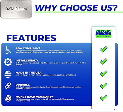 Data Room Sign for Business - Office Signs, Aluminum Brushed Silver, Tamper-Proof, Heavy Duty Mounting Tape, Easy Install, Office Décor, ADA Compliant, Grade 2 Braille (7” W x 4” H) ADASigns.org