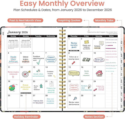 2026 Planner, Weekly and Monthly Planner for Women, January 2026 to December 2026, Pretty Hardcover 2026 Calendar Planner Book with Tabs, Inner Pocket, Spiral Bound, Perfect Office Home School Supplies - 6.3" x 8.5", Nocturne Floral