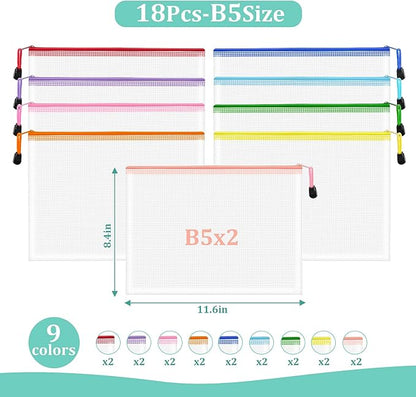 18pcs Mesh Zipper Pouch Bags, B5 Zipper Pouch, Mesh Bags With Zipper, Plastic Zipper Pouches, 9 Colors Zipper Pouches for Organizing, Board Game Storage, Travel, School Office organize