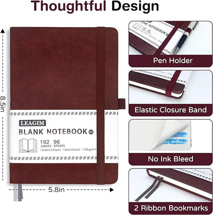 Blank Journal Notebook, A5, 192 Pages 100 GSM Thick Sketch Book for Women Men, Hardcover Leather Unlined Journaling for Work, Notebooks for Writing, 5.8 inches x 8.5 inches (Burgundy)