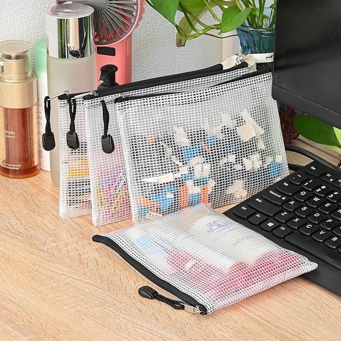 AUSTARK 10 Pcs Zipper File Bags, Waterproof Plastic Mesh Pouch for Office School, Board Game Storage Bags (B6 Size 7.6''x5.3'', White and Black)