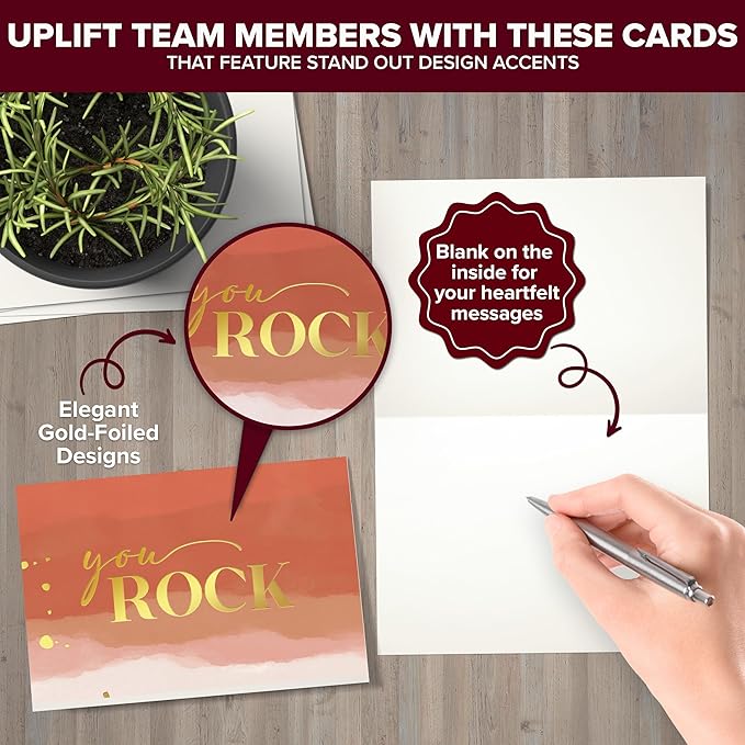 Decorably 50 Pack Gold Foiled 6x4in Employee Appreciation Cards with Envelopes and Stickers, 10 Designs Thank You Cards, Blank Inside