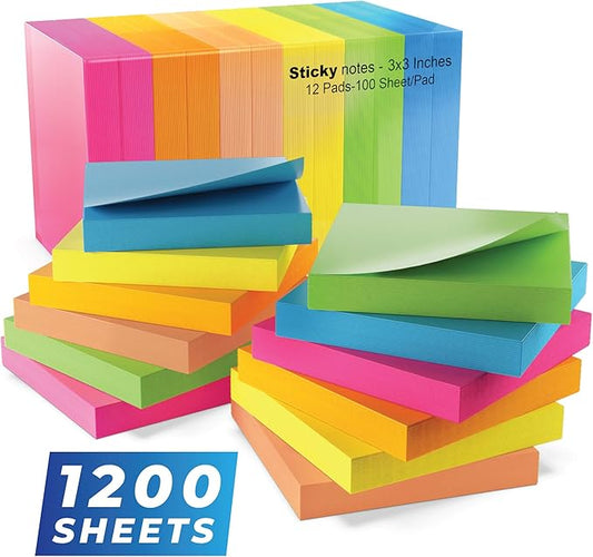 Sticky Notes 3x3 in (12 Pads) Bright Colored Super Self Sticky Pads - 100 Sheets/Pad - Easy to Post for School, Office Supplies, Desk Accessories