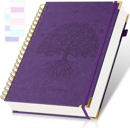 Spiral Notebook, College Ruled Notebook, 8.5" x 11", 300 Pages Leather Journals for Writing, A4 Hardcover Journaling Notebooks for Work School, 24pcs Tabs, Large Embossed Journal for Women Men, Purple