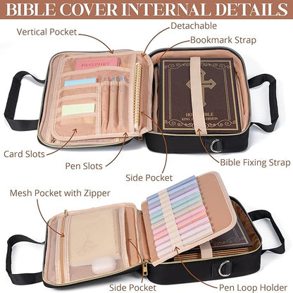 Bible Cover for Women Bible Case, Large Bible Bag w/Shoulder Strap, Bible Study Supplies Bible Journaling Kit Pink Book Carrying Case with Bible Highlighters, Christmas Christian Gifts for Women Lady