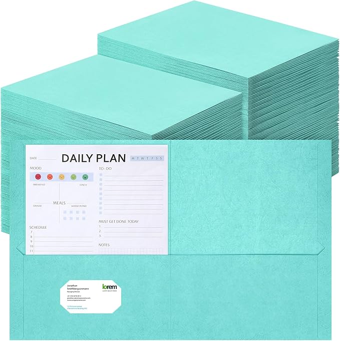 Harloon 75 Pack Two Pocket Portfolio Folders Bulk, 8.5 x 11 Inches Textured Paper with Business Card Slot Letter Size File Folders for Office School Classroom (Light Blue)
