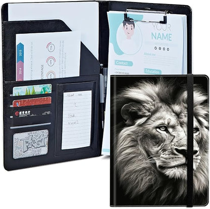 Lion Padfolio Folder with Clipboard,Portfolios Organizer Clipboards with Storage Clipboard Writing Pad PU Leather Conference Document Organizer with Business Card Holder