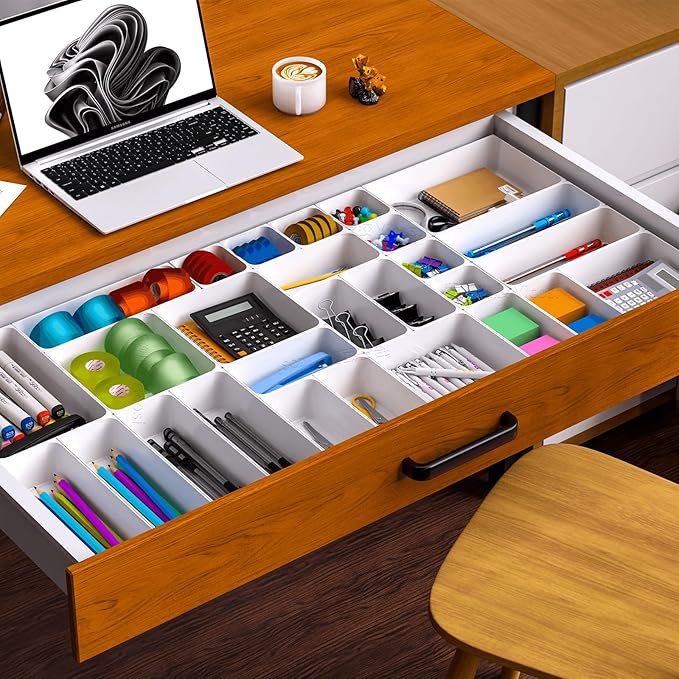 60 Pcs Plastic Drawer Organizer Set,5 Size Small Storage Containers for Organizing Jewelry,Utensil,Junk,Tea,Makeup,Shallow Drawer Organizers Tray Suitable for Office,Desk,Bathroom,Vanity,Kitchen,White