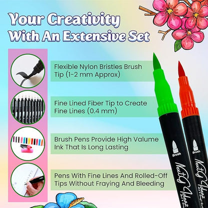 Dual Tip Brush Art Marker Pens, 80 Unique Bright Color, Water-Based Ink, Fineliner & Brush Tip Pens for Arts Lovers Coloring Drawing Book, Calligraphy Writing, Sketching and Doodling