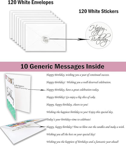 120 Happy Birthday Cards for Office, Business and Personal Use with Short Generic Message Inside, Assorted Greeting Notes Bulk with Envelopes and Stickers 4x6 Inch