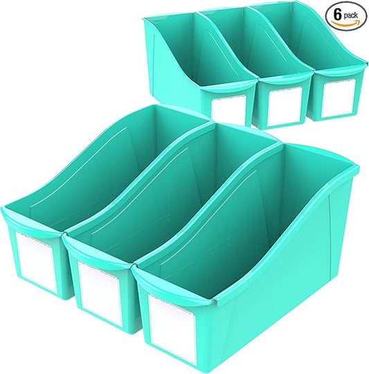 Storex Large Book Bin, Interlocking Plastic Organizer for Home, Office and Classroom, Teal, 6-Pack (71120U06C)