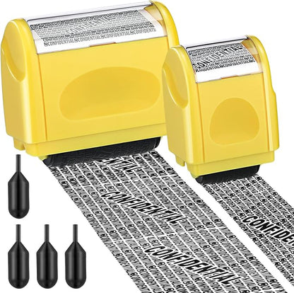 Nezyo 2 Pack Identity Protection Roller Stamp Identity Theft Stamp Confidential Roller Stamp Privacy Stamp Information Blocker Stamp and 4 Pack Refill Ink for ID Account Data Address Security(Yellow)