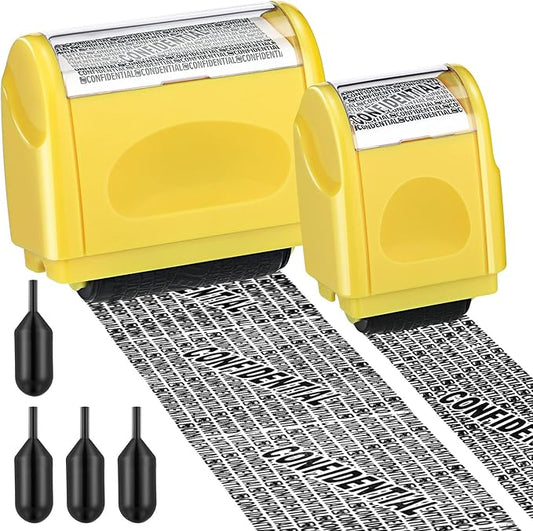 Nezyo 2 Pack Identity Protection Roller Stamp Identity Theft Stamp Confidential Roller Stamp Privacy Stamp Information Blocker Stamp and 4 Pack Refill Ink for ID Account Data Address Security(Yellow)