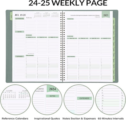 2024-2025 Planner - 11.38'' x 8.74'', Weekly & Monthly Planner Notepad,JUL 2024 - JUN 2025, Appointment Book, 60 Minutes Intervals, Monthly Tabs, Faux Soft Leather, Spiral Bound, Back Pockets - Green