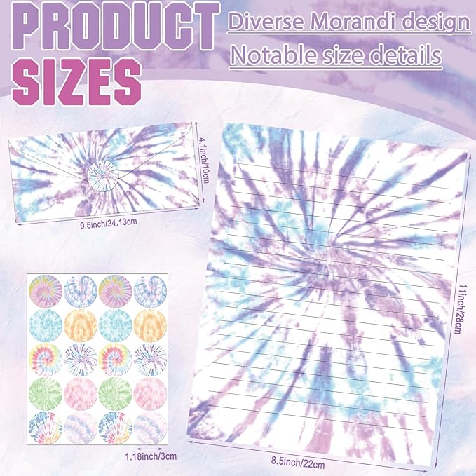 TaoBary 160 Packs Stationery Paper Set (50 Double Sided Stationery Writing Papers 50 Matching Envelopes) 60 Round Dot Sticker, 10 Design (8.5 x 11 Inch,Tie Dye)