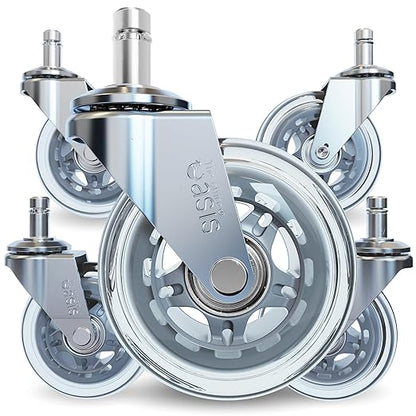 The Original Roller Style Office Chair Wheels (As Seen On PBS) - Incredibly Smooth & Quiet Rolling Casters - Safe for Hardwood Floors & Carpet - Easy Install with Universal Fit - Set of 5 - Silver