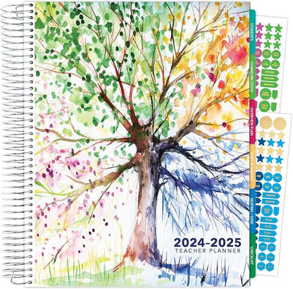 Aug 2024-Jul 2025 Deluxe Teacher Planner Notebook 8.5x11 Daily Weekly Monthly Organizers with 7 Periods, Pocket Folder, Dated Calendar, Page Tabs, Bookmark and Planning Stickers (Tree Seasons)