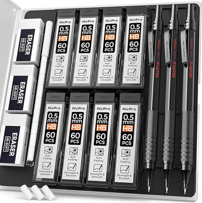 Nicpro 0.5 mm Mechanical Pencils Set with Case, 3 Metal Artist Pencil With 480PCS HB Lead Refills, 3 Erasers,9 Eraser Refills For Architect Art Writing Drafting, Drawing, Engineering, Sketching, Black