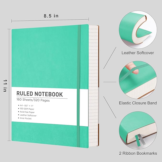 RETTACY Journaling Notebooks, A4 Lined Notebook Journal with 320 Pages, 8.5" × 11", Large Size, Notebook Journal for Work, School, Writing, Leather Softcover, 100 GSM Thick Paper (Mint)
