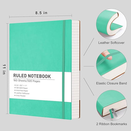 RETTACY Journaling Notebooks, A4 Lined Notebook Journal with 320 Pages, 8.5" × 11", Large Size, Notebook Journal for Work, School, Writing, Leather Softcover, 100 GSM Thick Paper (Mint)