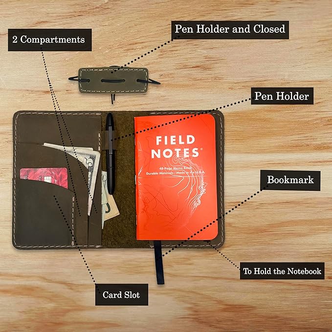 Leather Cover for Field Notes, Passport Cover, Leather Notebook Cover for 3.5" x 5.5" with Pen Holder, Only Cover (Moss Green)