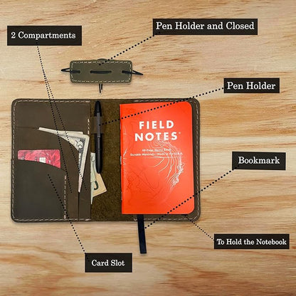 Leather Cover for Field Notes, Passport Cover, Leather Notebook Cover for 3.5" x 5.5" with Pen Holder, Only Cover (Moss Green)