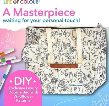 Life of Colour Doodle Bag with Wildflower Patterns – Color Your Own Tote Bag Craft Kits for Adults, Includes Canvas Tote & 24 Acrylic Markers – DIY Painting & Art Kit for Women