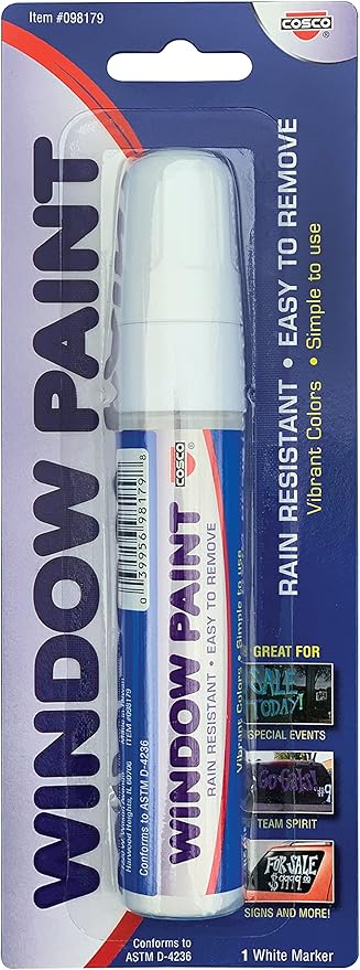 Cosco Window Paint Marker, for Car Windows, Mirror, Storefront Window, Wedding, Parades and Party Decorations, White Ink (098179) (Pack of 2)
