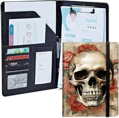 Skull Roses Padfolio Folder with Clipboard,Portfolios Organizer Clipboards with Storage Clipboard Writing Pad PU Leather Conference Document Organizer with Business Card Holder