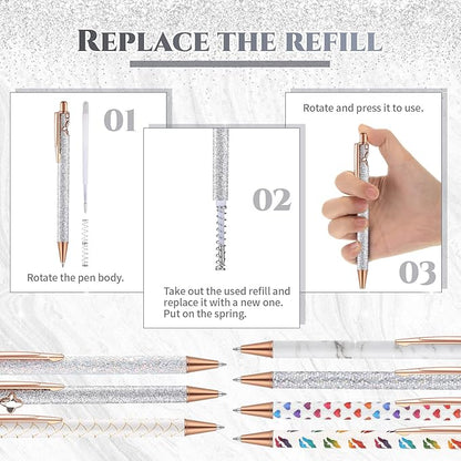 Sherr 7 Pcs Fancy Pens for Women Cute Sparkly Glitter Pens with 10 Pcs Black Ink Refills Pretty Gifts for Girls Office School Christmas Graduation(White,Novel)