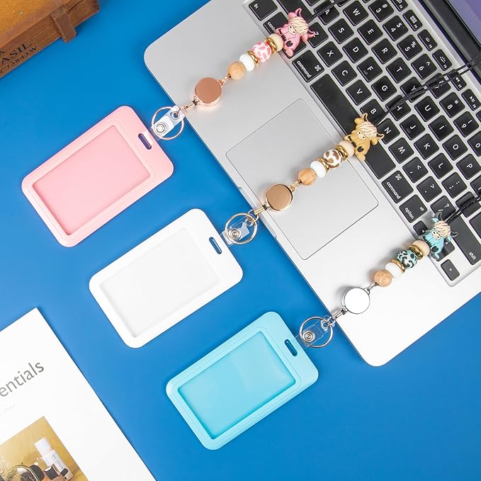 9 in 3 Sets Highland Cow Retractable Lanyard with ID Holder Breakaway Lanyard for Badge Reel Lanyard School Silicone Beaded Lanyard Cute