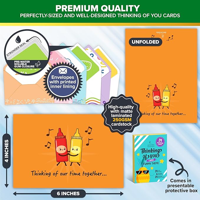 Decorably 24 Pack Assorted 6x4in Funny Thinking of You Cards with Envelopes and Stickers, 24 Unique Fun Designs Funny Cards with Printed Message Inside