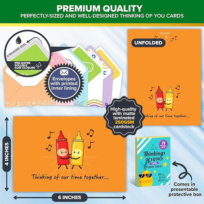 Decorably 24 Pack Assorted 6x4in Funny Thinking of You Cards with Envelopes and Stickers, 24 Unique Fun Designs Funny Cards with Printed Message Inside