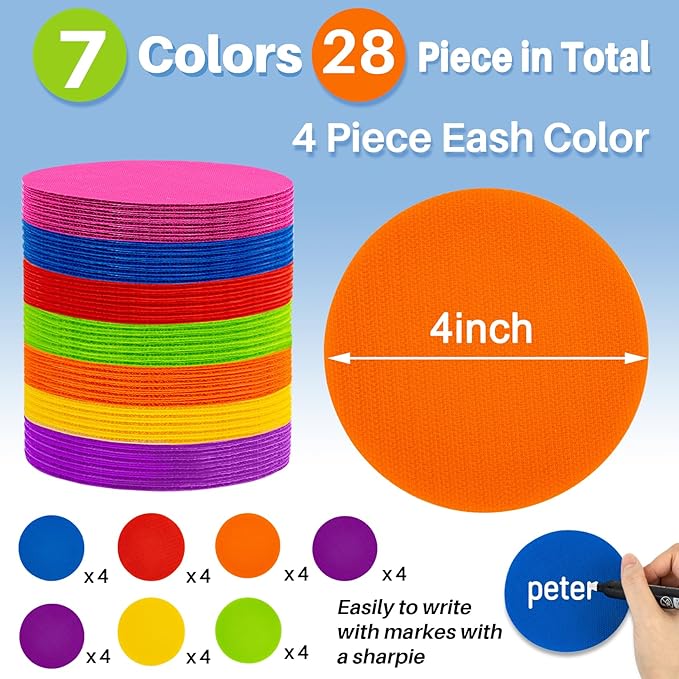 Sukh 28 Pcs Carpet Spot Markers - Carpet Spots for Classroom Carpet Floor 4 Inch Circle Dots Markers 7 Colors Floor Dot for Decoration Elementary Teachers Student Kindergarten Yoga Standing