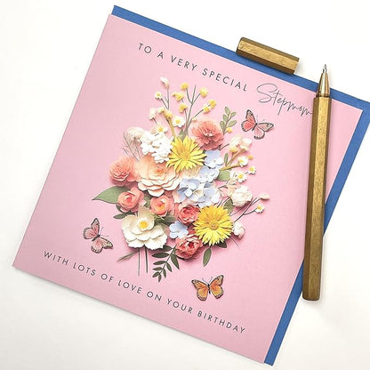 Old English Co. Special Stepmom Birthday Card for Her - Pink Flower Butterfly Artwork Birthday Card from Stepchildren - Cute Stepmom Birthday Card | Blank Inside Envelope