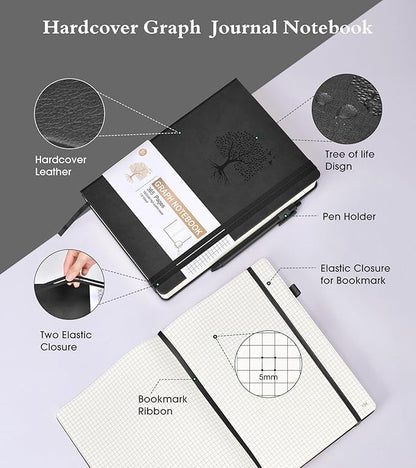 Graph Paper Notebook Journal, 360 Numbered Pages Grid Notebooks, Thick 100gsm Graphing Paper Notebook Journals for Women Men, B5 Large Hardcover Leather Graph Notebook 7.6'' X 10'' Black
