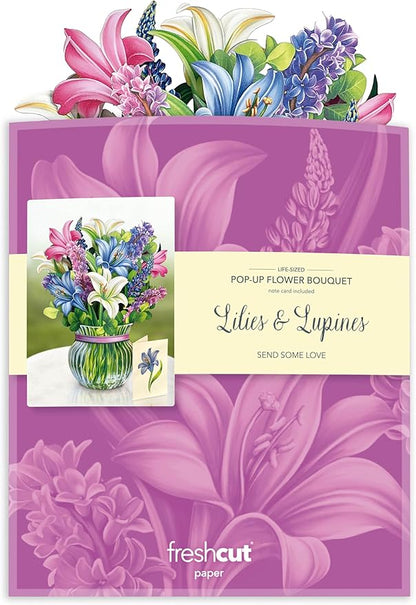Freshcut Paper Pop Up Cards, Lilies & Lupines 12 inch Paper Flower Bouquet Greeting Cards with Blank Note Card & Envelope, Birthday Gifts for Women