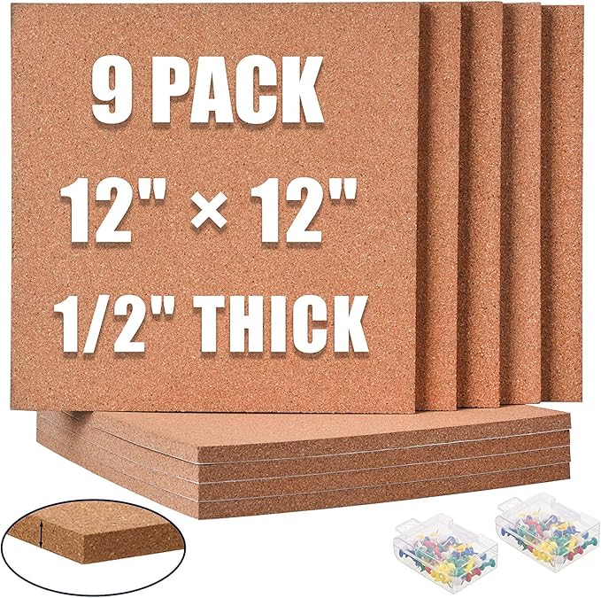 SUNGIFT Cork Board 12"x12" - 1/2" Thick Square Bulletin Boards 9 Pack Cork Tiles with 100 PCS Push Pins Mini Wall Self-Adhesive Corkboards Tiles for Wall
