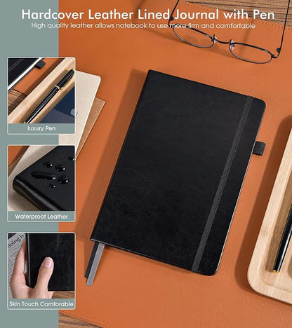 Lined Journal Notebook for Men Women, 200 Numbered Pages Leather Hardcover Journal with Pen, A5 Journaling Notebooks, Thick Paper College Ruled Journals for Writing Work Business 5.75'' X 8.38'' Black