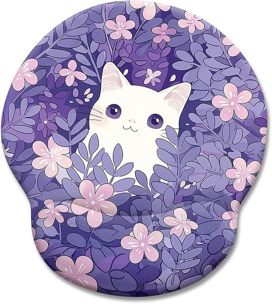 Purple Mouse Pad with Wrist Rest, Cat Ergonomic Mouse Pad Wrist Support with Non-Slip Pain Relief PU Base, Funny Computer Mousepad, Cute Kawaii Purple Office Supplies Desk Accessories Decor