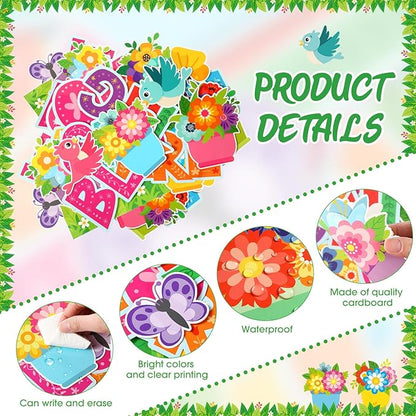 Kosiz Spring Flowerpot Bulletin Board Decorations Set We are Blooming in Spring Classroom Decorations Colorful Flower Paper Cutouts with Green Leaf Borders for School Wall Chalkboard Door Party