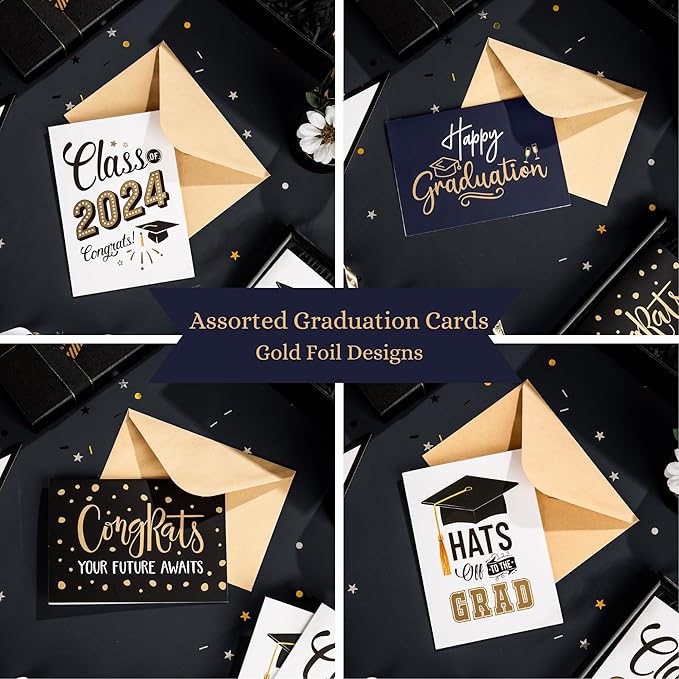 Paper Play Gold Foil Graduation Cards Assortment Bulk Pack of 20 Congratulations Graduation Card 2024-5x7 Inch with Matching Stickers & Kraft Envelopes, Graduation Cards Bulk College & High School