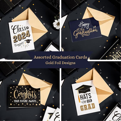 Paper Play Gold Foil Graduation Cards Assortment Bulk Pack of 20 Congratulations Graduation Card 2024-5x7 Inch with Matching Stickers & Kraft Envelopes, Graduation Cards Bulk College & High School