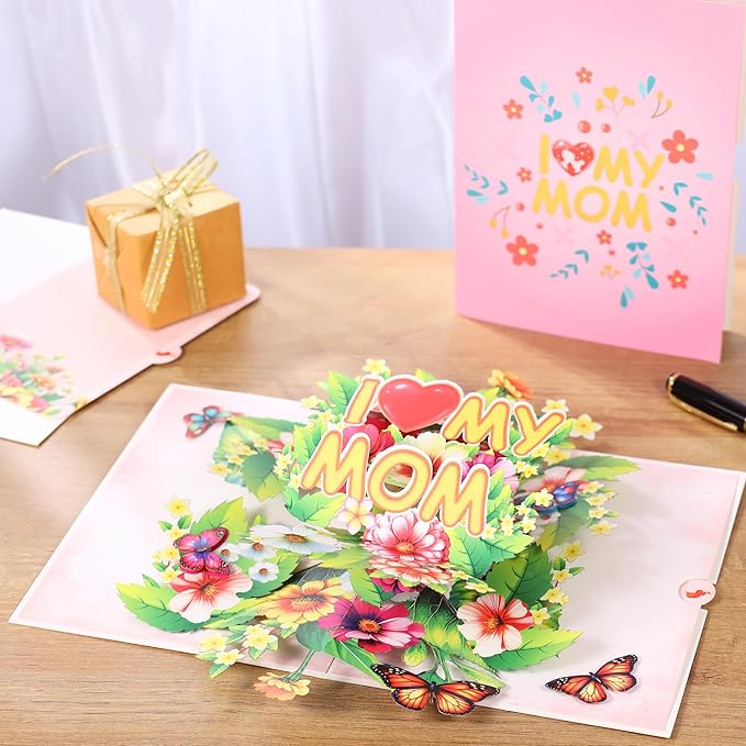 I Love My Mom Pop Up Card Mothers Day, Happy Mothers Day Pop Up Card, 3D Flower and Butterfly Greeting Cards Gift For Mom, Wife, Mother in law All Occasion, 8" X 6" With Envelope and Note Tag
