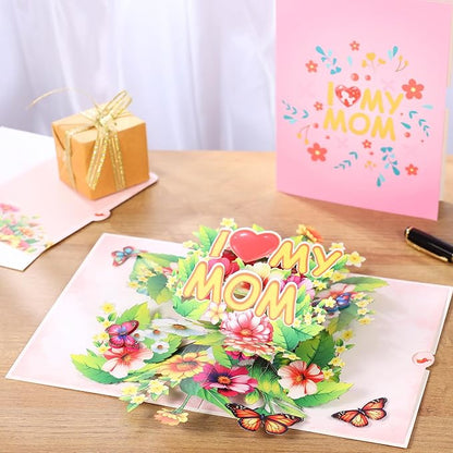 I Love My Mom Pop Up Card Mothers Day, Happy Mothers Day Pop Up Card, 3D Flower and Butterfly Greeting Cards Gift For Mom, Wife, Mother in law All Occasion, 8" X 6" With Envelope and Note Tag