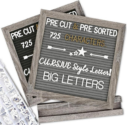 Double Sided Felt Letter Board with Letters - Pre Cut & Sorted 725 letters with Stand, Cursive Style Letters, Big Letters, Plastic Organizer, Tabletop Display, Rustic Farmhouse Wall Decor