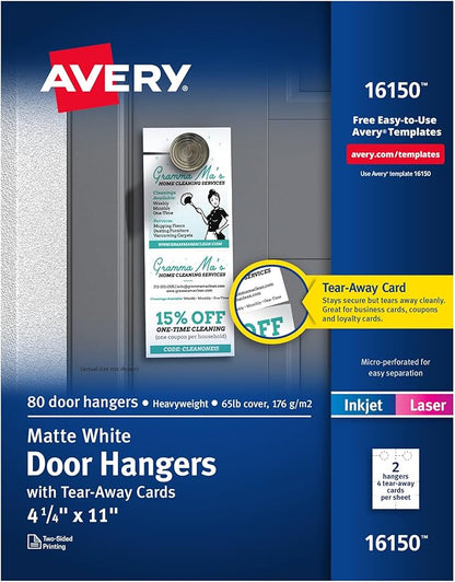 Avery Printable Door Hangers with Tear-Away Cards, 4.25" x 11", Matte White, 80 Blank Door Hangers for Laser and Inkjet Printers (16150)