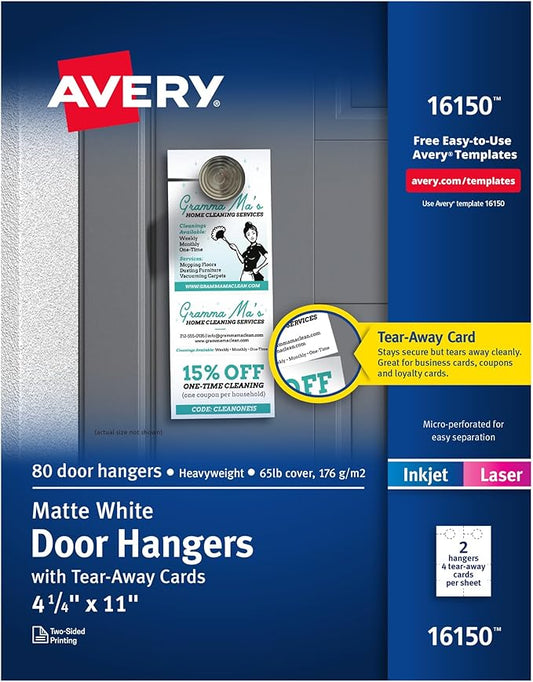 Avery Printable Door Hangers with Tear-Away Cards, 4.25" x 11", Matte White, 80 Blank Door Hangers for Laser and Inkjet Printers (16150)