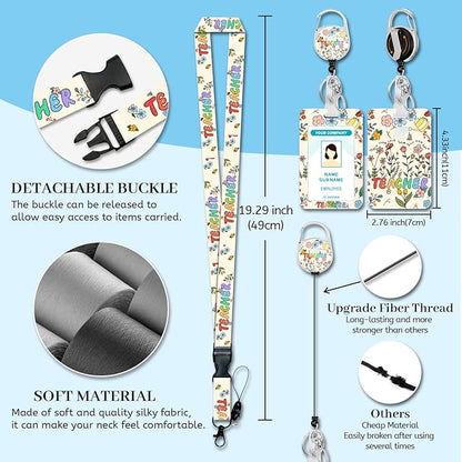 Teacher Lanyards for Id Badges, Cute Flower Floral Badge Holder with Retractable Reel Clip, Adjustable Work Name Tags Keychain Lanyard ID Card Protector Cover Case for Women Nurse Office
